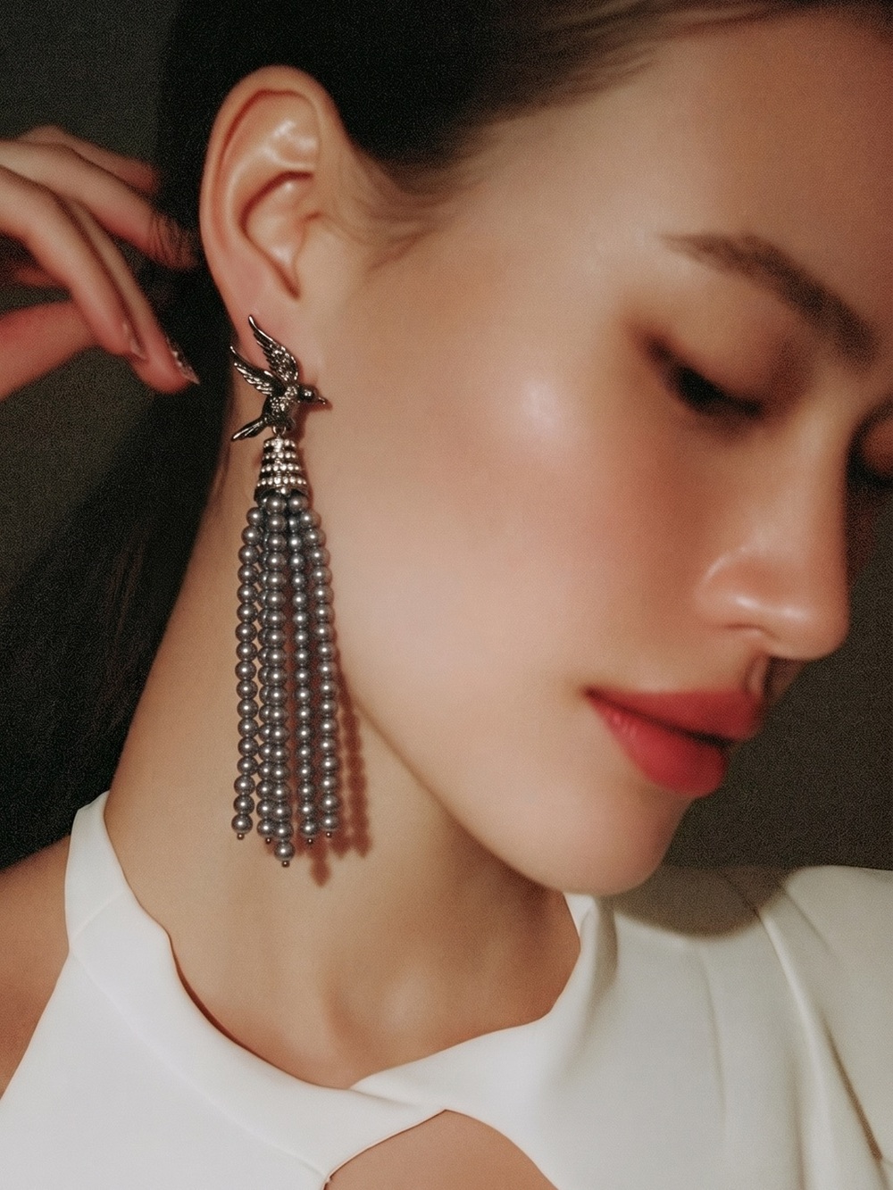 Glam Silver Bird Tassel Pearl Drop Earrings